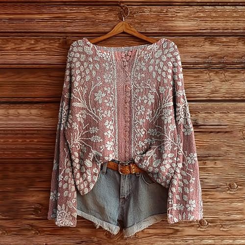 Boho Tops for Women Boho Pullover Sweater Crewneck Fair Isle Knit Sweaters Fall Long Sleeve Baggy Vintage Blouses2