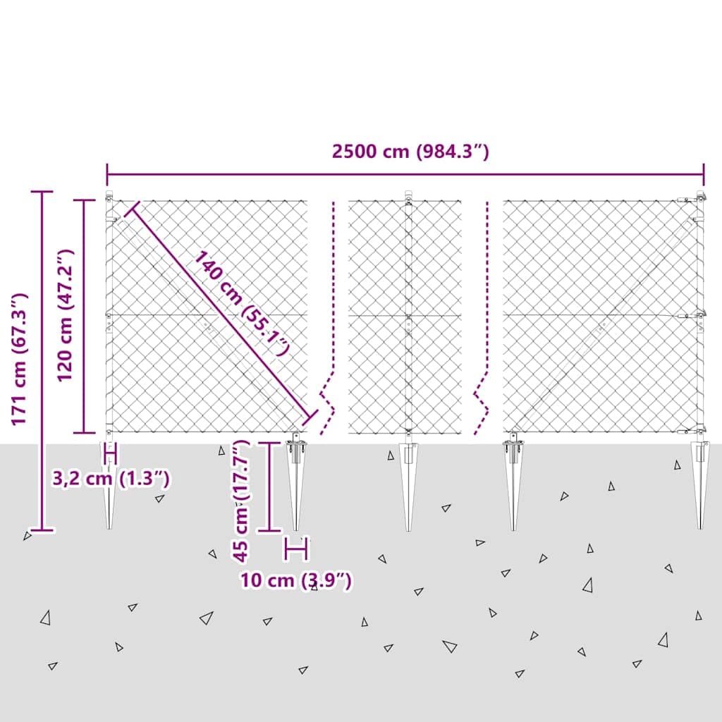 vidaXL Recinzione a maglie con punte 25 x 1,2 m Grigio Rete