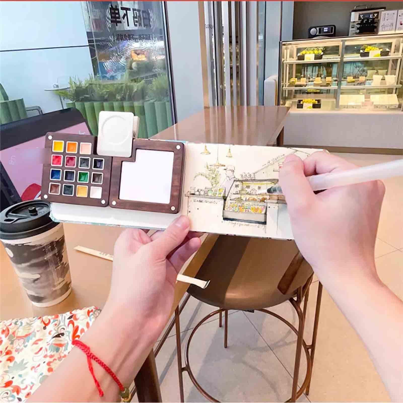 Mini Aquarell Set Mit Skizzenbuch Holzkiste Aquarell Set Unterwegs Tragbar Chinesisch Aquarellfarben Für Cafés Straßenkunst(5 pcs - 15 colours B)
