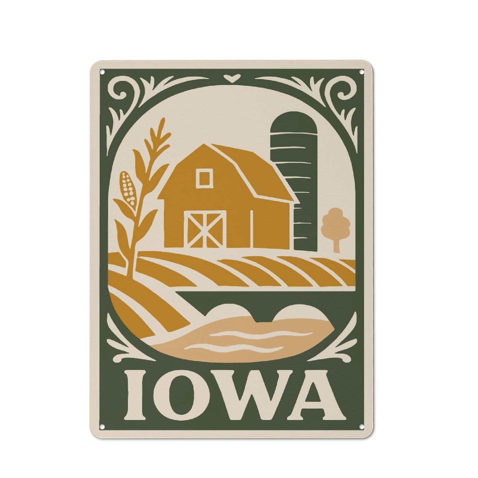 Classic Vintage Metal Sign 40x30cm Featuring Iowa Farm Scene Illustration, Home Bar Decor for Cafe, Pub, Workshop Or Home Bar