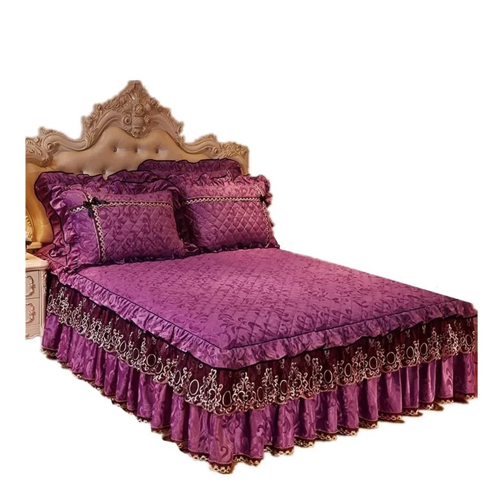 Faldones de cama de encaje de terciopelo de otoño e invierno con clip de algodón grueso colcha de estilo europeo colcha funda protectora antideslizante ropa de cama (estilo-A4, falda de cama