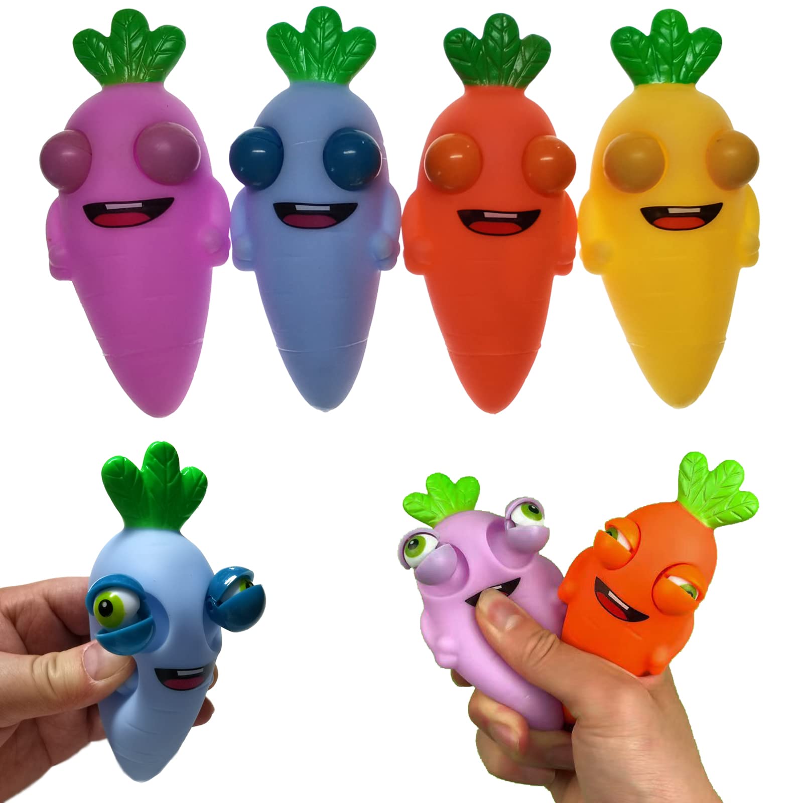 Funny Pop-Out Stress Squeeze Toys 4 Pack Cute Radish Stick Out Eyes Fun Toys Squish Fidget Toy Easter Gift for Adults Kids