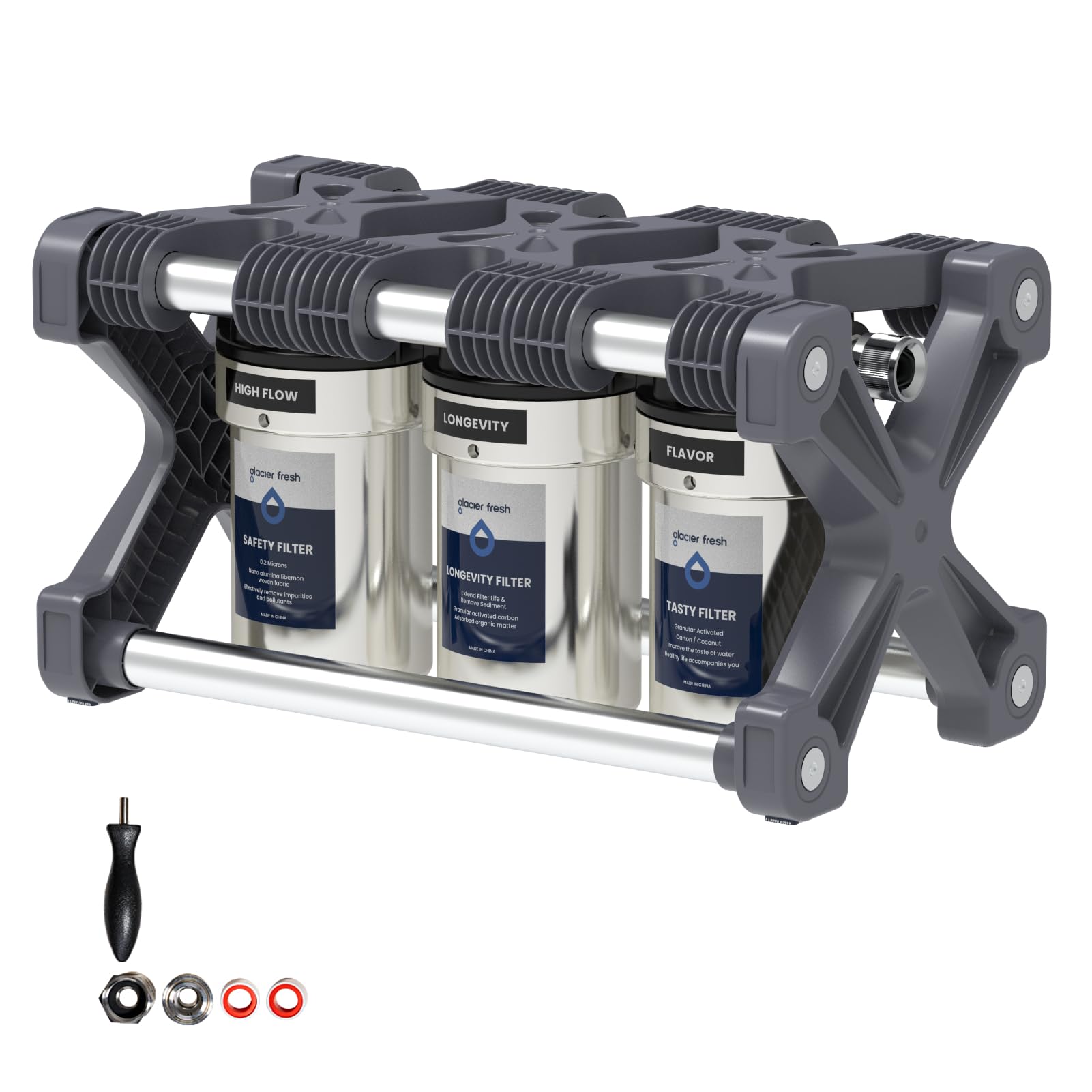 GLACIER FRESH Technology RV Water Filter System, 0.2 Micron Water Filter for Campers with Compact 5-inch Filters, 3 Stage Premium RV Water Filtration System, for RVs, Camper Vans, and Boats