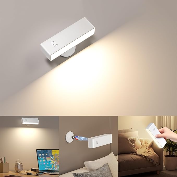 YiLaie YiLaie Led-wandlamp voor binnen, 4000 mAh-batterij, wandlamp met touch-bediening, dimbaar, 360° draaibare magnetische leeslamp voor slaapkamer, woonkamer, bedlamp, draadloze wandlampen, wit