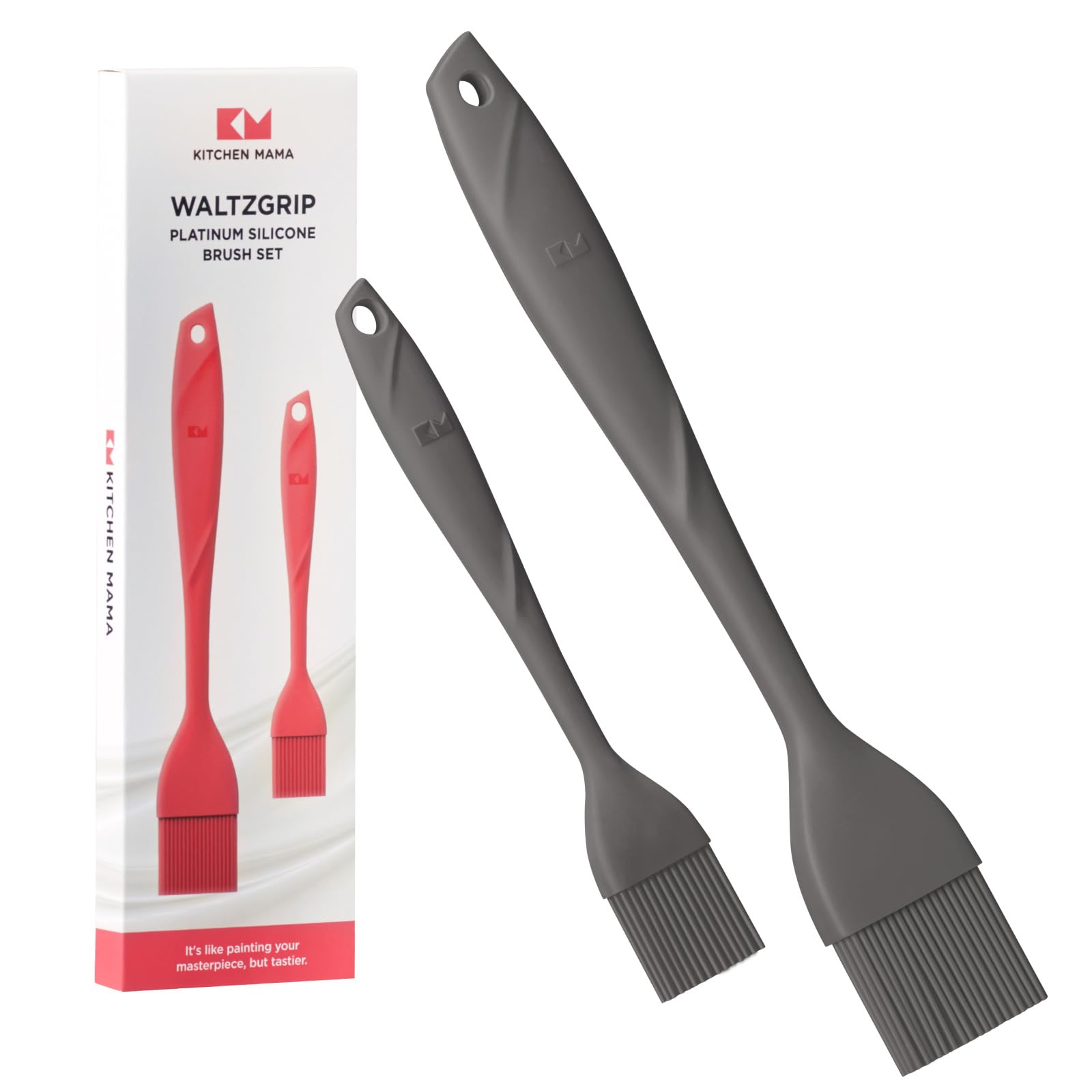 Kitchen Mama WaltzGrip Platinum Silicone Basting Pastry Brush: Set of 2 Heat-Resistant Brushes for Cooking, Baking, Grilling, and Spreading Oil or Butter - Dishwasher-Safe (Metal Gray)