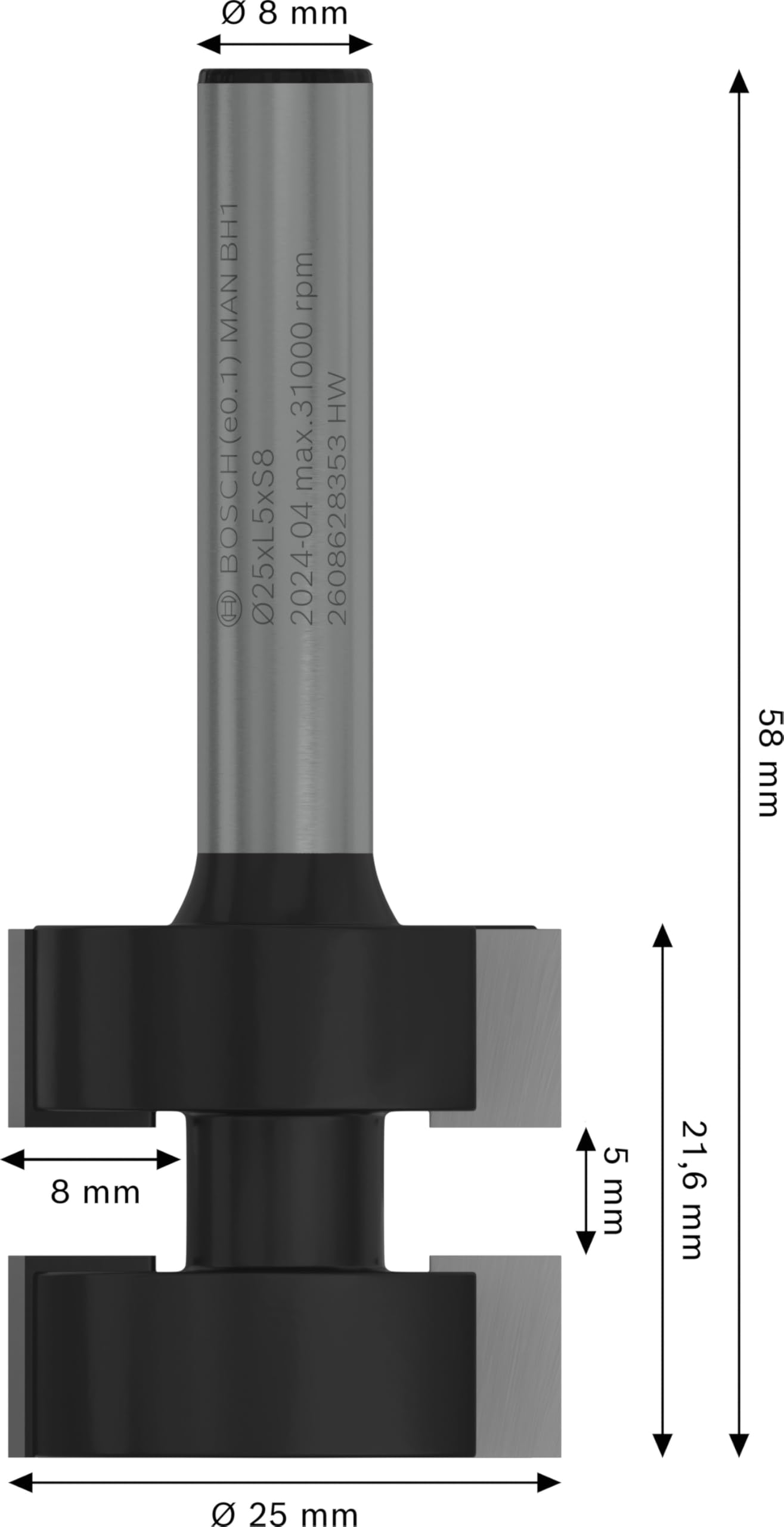 Bosch 2608628353 Fresa per Incastri 8 mm, D1 25 mm, L 5 mm, G 58 mm