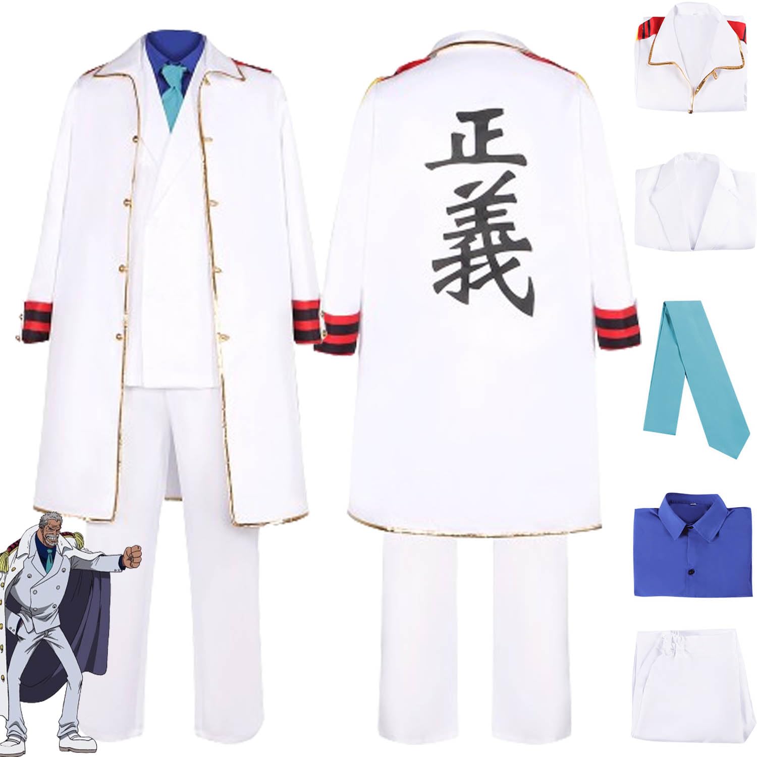 Anime One Piece Monkey D Garp Cosplay Costume Tenue Portgas D Ace Jeu de Rôle Uniforme Blanc Cape Chemise Ensemble Complet Halloween Carnaval Fête Habiller pour Hommes