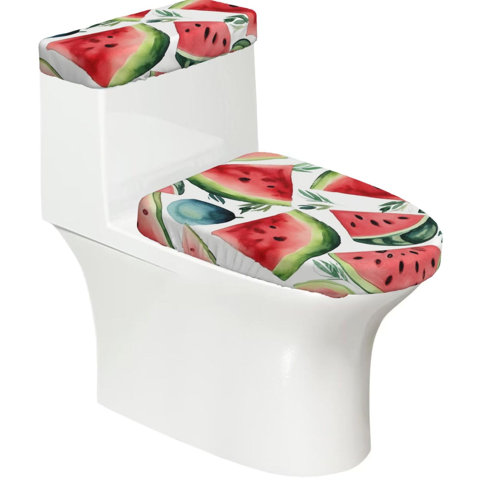 FekiLoot Watercolor Watermelon Pattern Toilet Lid Cover and Toilet Tank Cover Set of 2,Dust Splash Resistant Toilet Top Covers Soft Washable Toilet Lid Seat Cover for Bathroom Office Home Decor