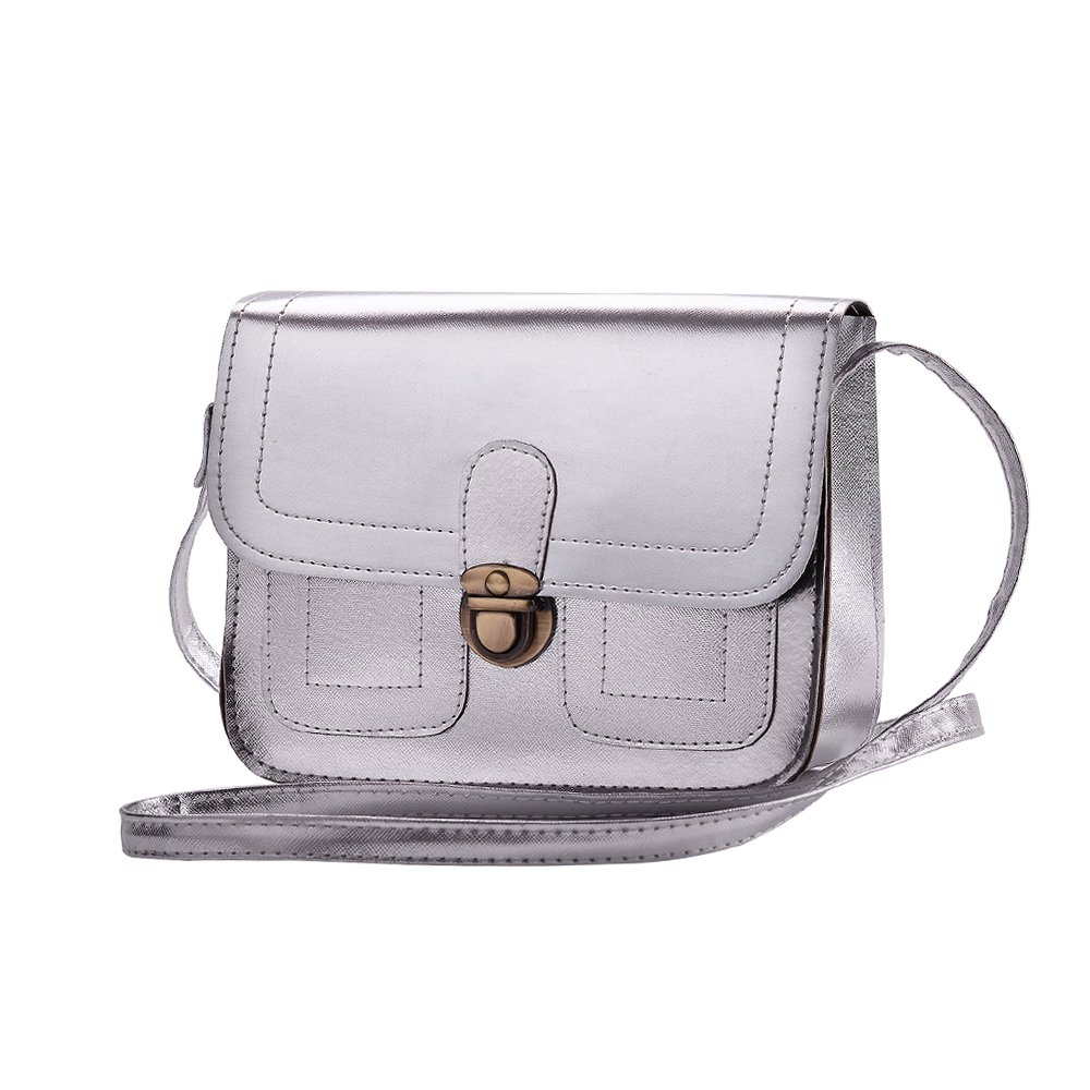 Messenger Bag Womens PU Leather Crossbody Bags Handbag Shoulder Bag (Silver)