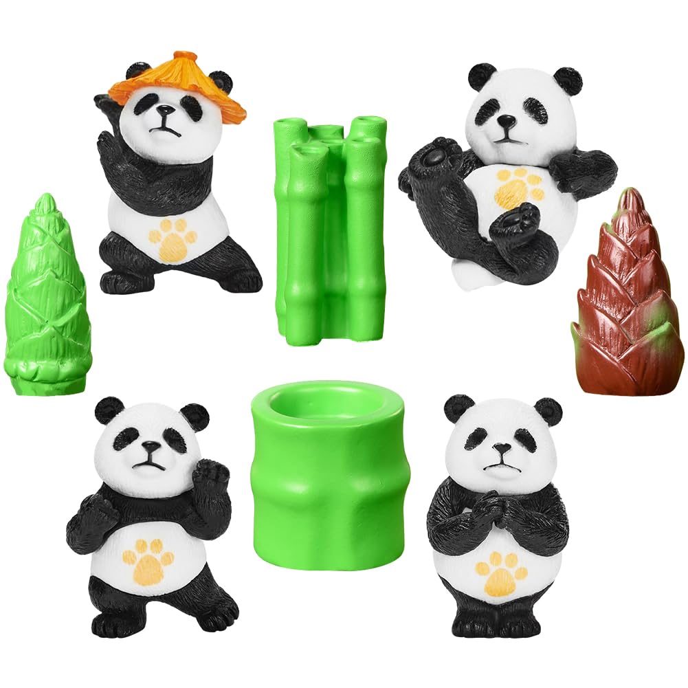 Mini Panda Figures, 8Pcs Panda Cake Decorations, Cartoon Cake Statues Set, Cute Panda Sculpture, Mini Figure Ornaments, Children Cake Figurines Desk Decorations