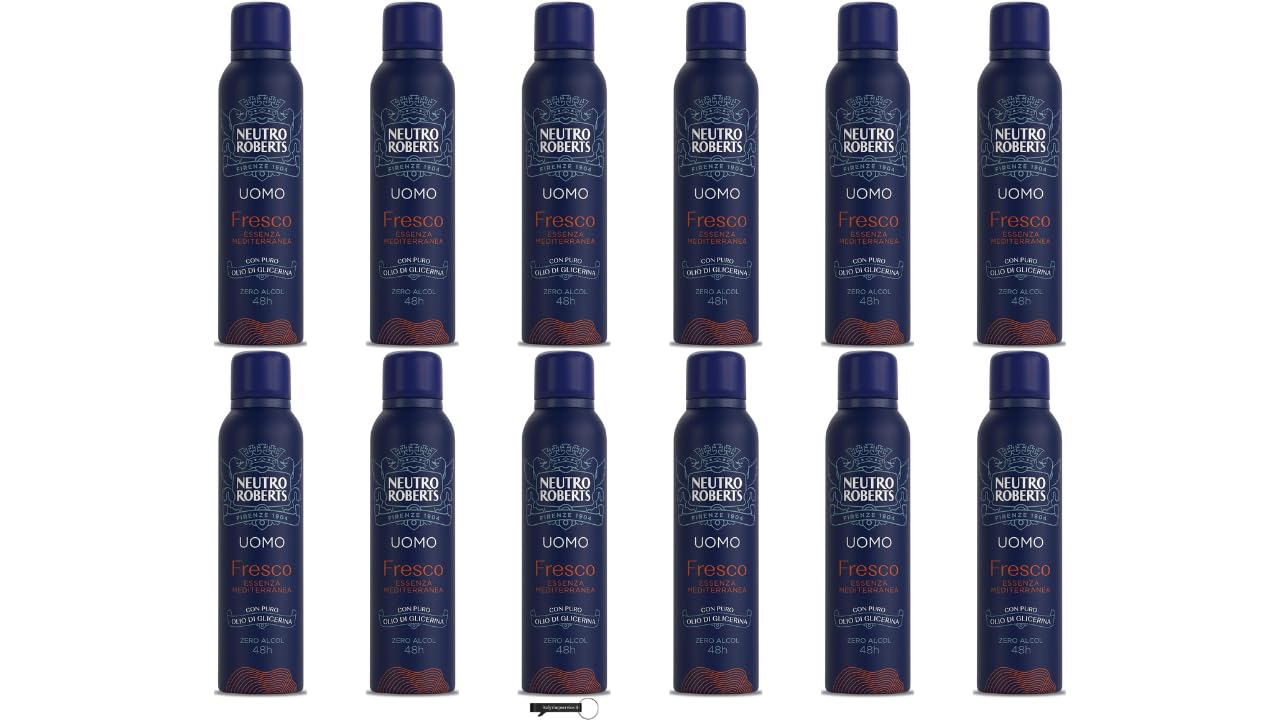Neutro Roberts Uomo Fresco - 12 deodoranti spray Essenza Mediterranea, zero alcool, protezione 48 ore, 150 ml, + portachiavi Italy Shop Service