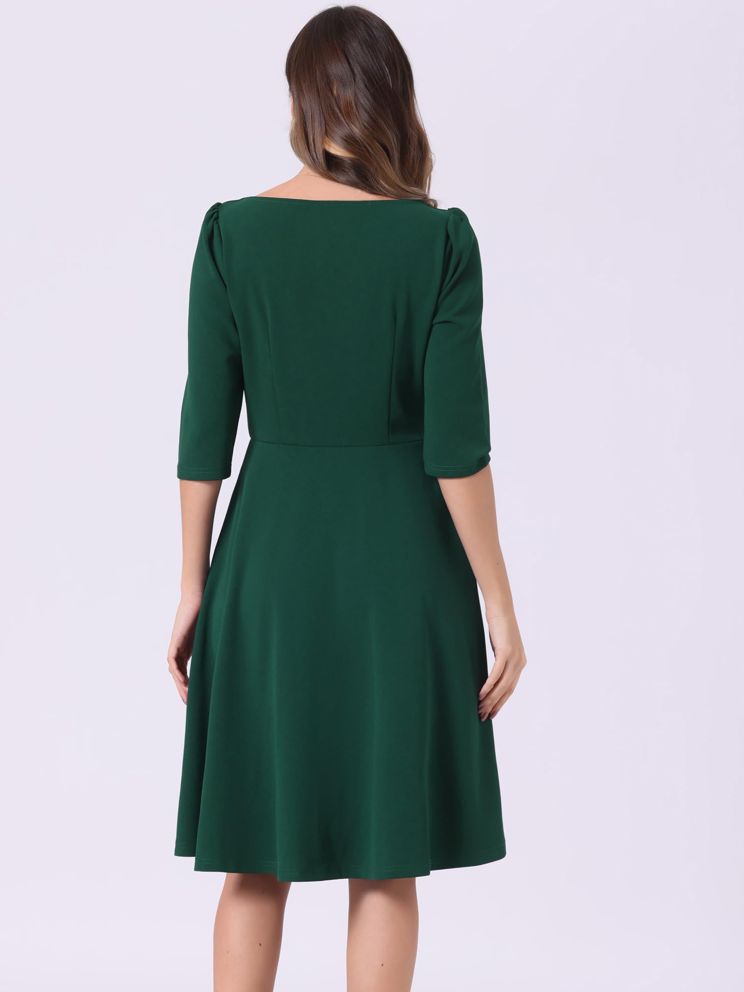 Allegra K Wear to Work Dress for Women's Boat Neck Short Sleeves Midi Flared Office Dresses