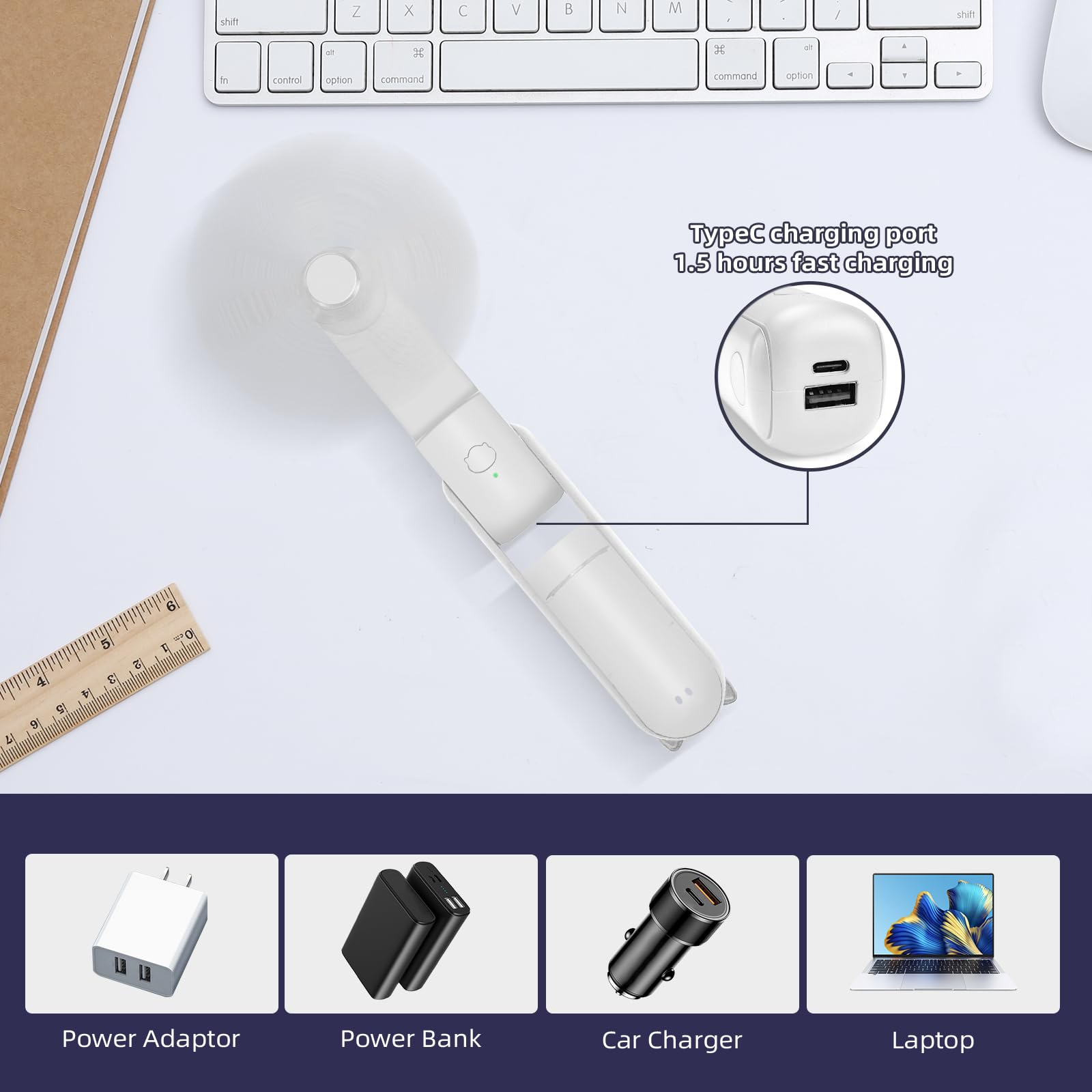 Jsdoin Ventilatore Portatile, 3 Velocità Ricaricabile Ventilatore Tascabile con Banca di potere, Cordino, Mini Ventilatore per Casa, Ufficio, Viaggi e all’aperto (Bianco)