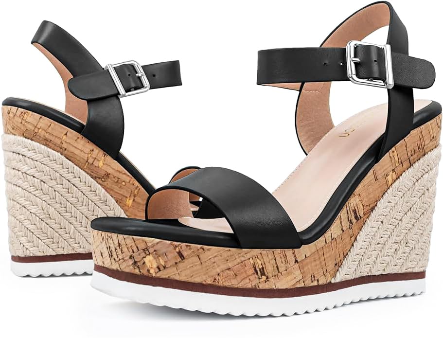 Wedge Sandals for Women Espadrilles, Women's Wedges Sandals Square Toe Adjustable Ankle Strap Buckle Comfortable High Heel Beach Shoes with Cushioned Footbed for Casual Summer4