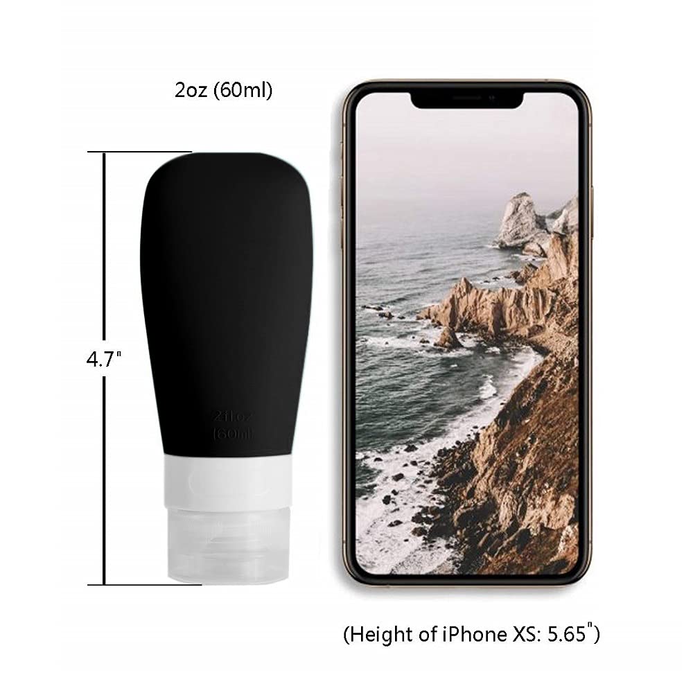 Silicone Travel Bottles, Vonpri Leak Proof Squeezable Refillable Travel Accessories Toiletries Containers Travel Size Cosmetic Tube for Shampoo Lotion Soap Liquids, 2oz 4pack black/white, 3
