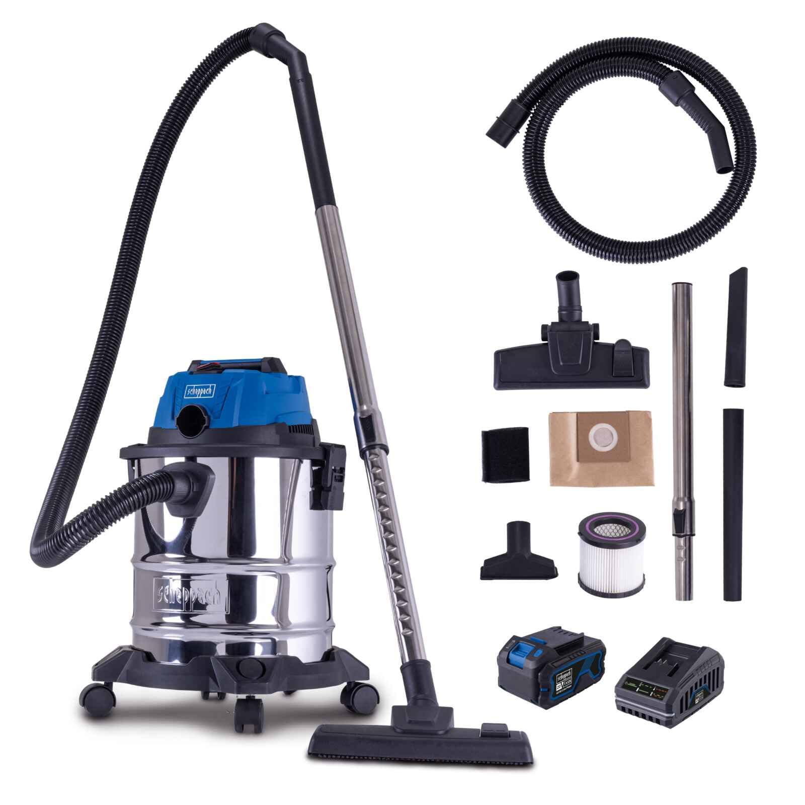 Scheppach Akku Nass-Trockensauger C-NTS20-X | Saugleistung 10kPa | Behälter 20L | Schlauch 1,5m | Teleskoprohr 480-780mm | Ausblasfunktion | 20V-IXES-Serie | 10 Jahre Garantie | 4Ah Akku & Ladegerät