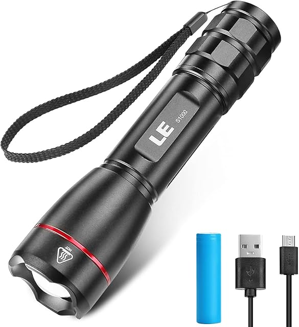 LE LED Torch USB Rechargeable, Super Bright LP3000 Tactical Torch, IPX4 Waterproof, 5 Lighting Modes, Portable LED Flashlight for Camping, Cycling, Running, Dog Walking, Thanksgiving Christmas Gifts