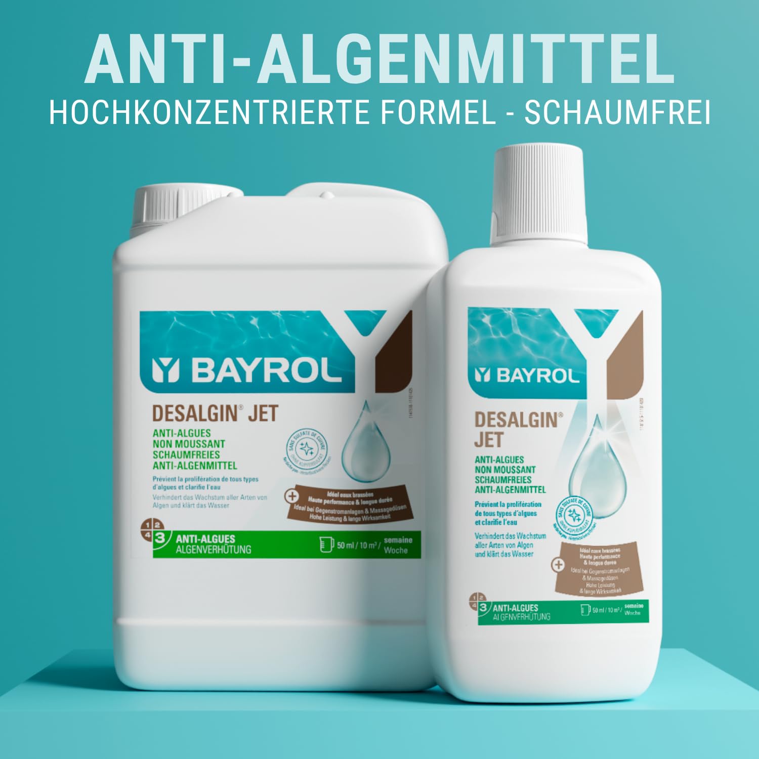 BAYROL Desalgin Jet 3 L - schaumfreies Antialgen-Konzentrat zur Verhinderung von Algenwachstum im Pool - Ideal für Pools mit Gegenstromanlagen / Wasserattraktionen - Ohne Kupfersulfat