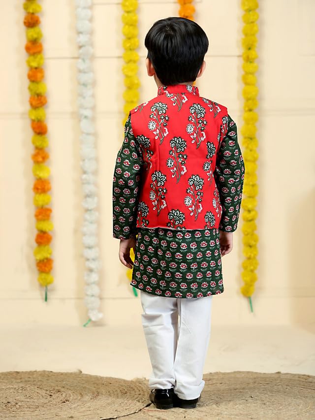 Image of The Mom Store Boys Printed Cotton Kurta Pajama Set With Jacket | Soft And Comfortable Ethnic Wear For Baby /Kids Boys | Full Sleeves Kurta Pyjama Set | Traditional Indian Outfit