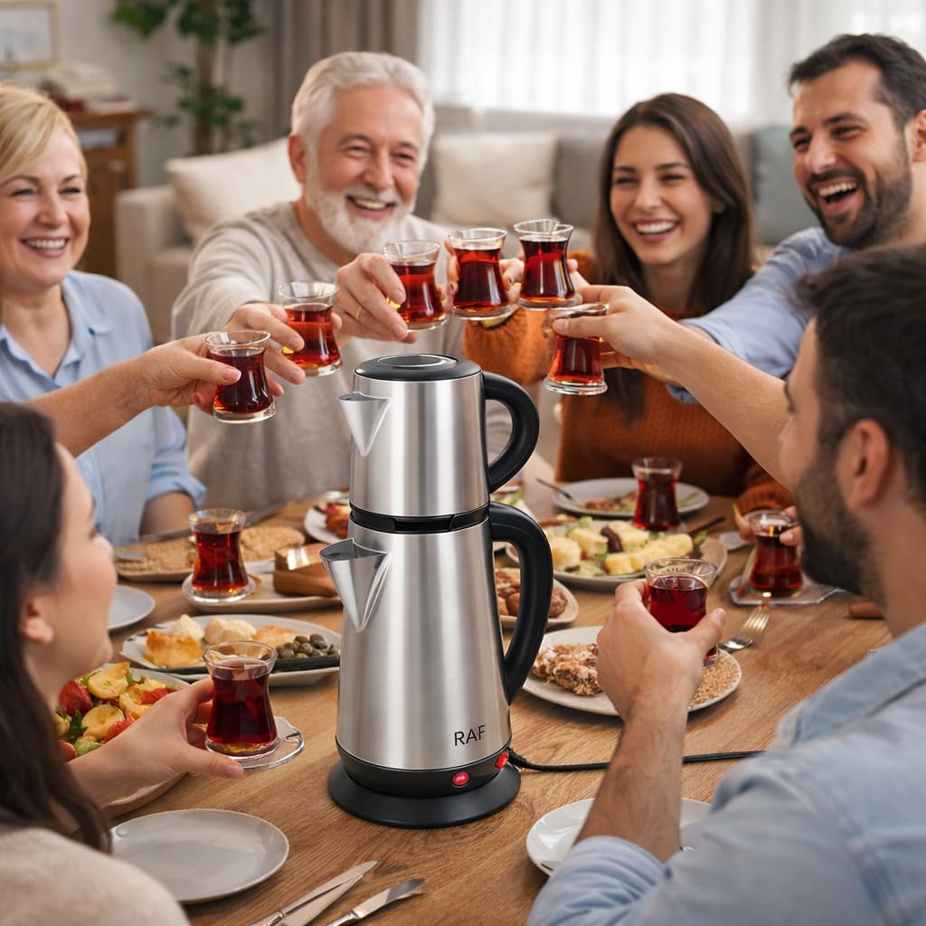 Juego de Tetera Turca, Hervidor Eléctrico de Acero Inoxidable con Infusor Extraíble, Tetera de 1 Litro y Hervidor de 2 Litros para Reuniones Familiares y Fiestas de té (Enchufe de la UE 220V)