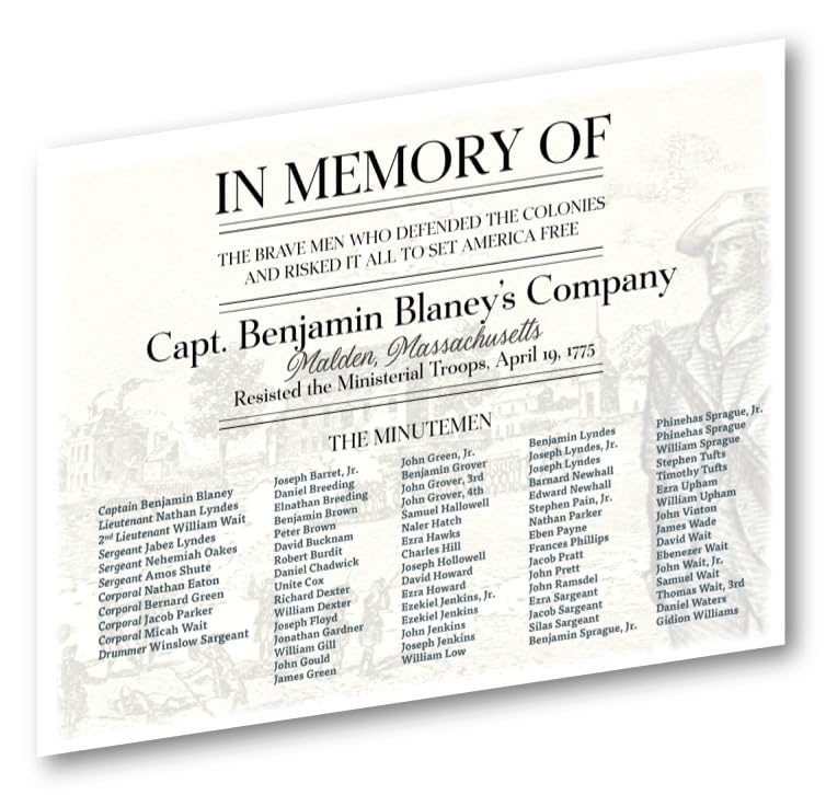 In Memory of Capt. Benjamin Blaney's Company of Malden, Massachusetts Militia/Minuteman Responding to the Patriots Day Alarm April 19, 1775 Muster Roll Certificate 8.5" x 11"