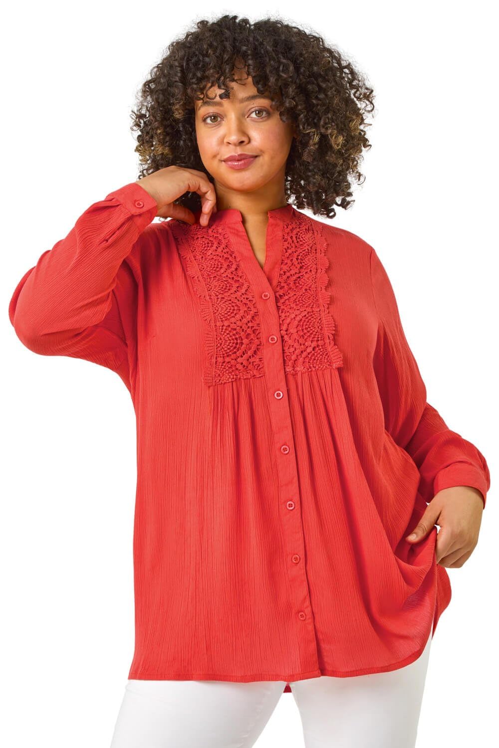 Roman Women's Curve Lace Trim Pintuck Blouse in Red | Size: 18
