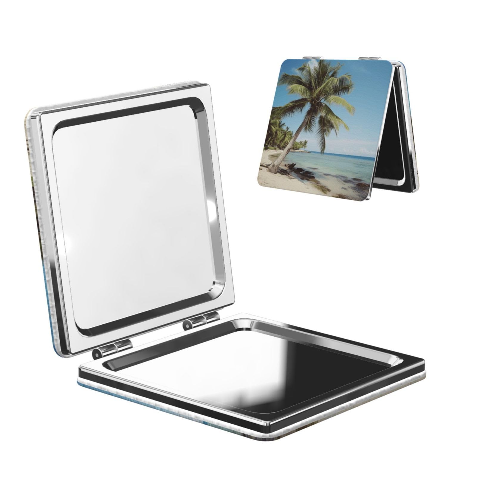 DWVTSLH Beach Palm Tree Compact Mirror for Purse, Double-Sided 2X/1X Magnifying Mirror for Women Men, Travel Makeup Mirror for Handbag, Handheld Vanity Mirror for Gift