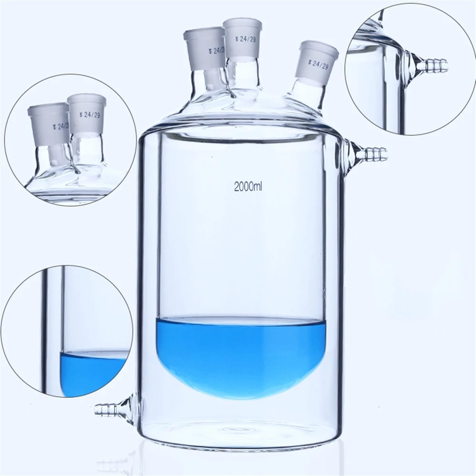 matraz de fondo redondo， Frasco de reacción de laboratorio, de tres cuellos, doble capa, junta 24/29, varios tamaños (250-2000 ml)(250ml 24-29)