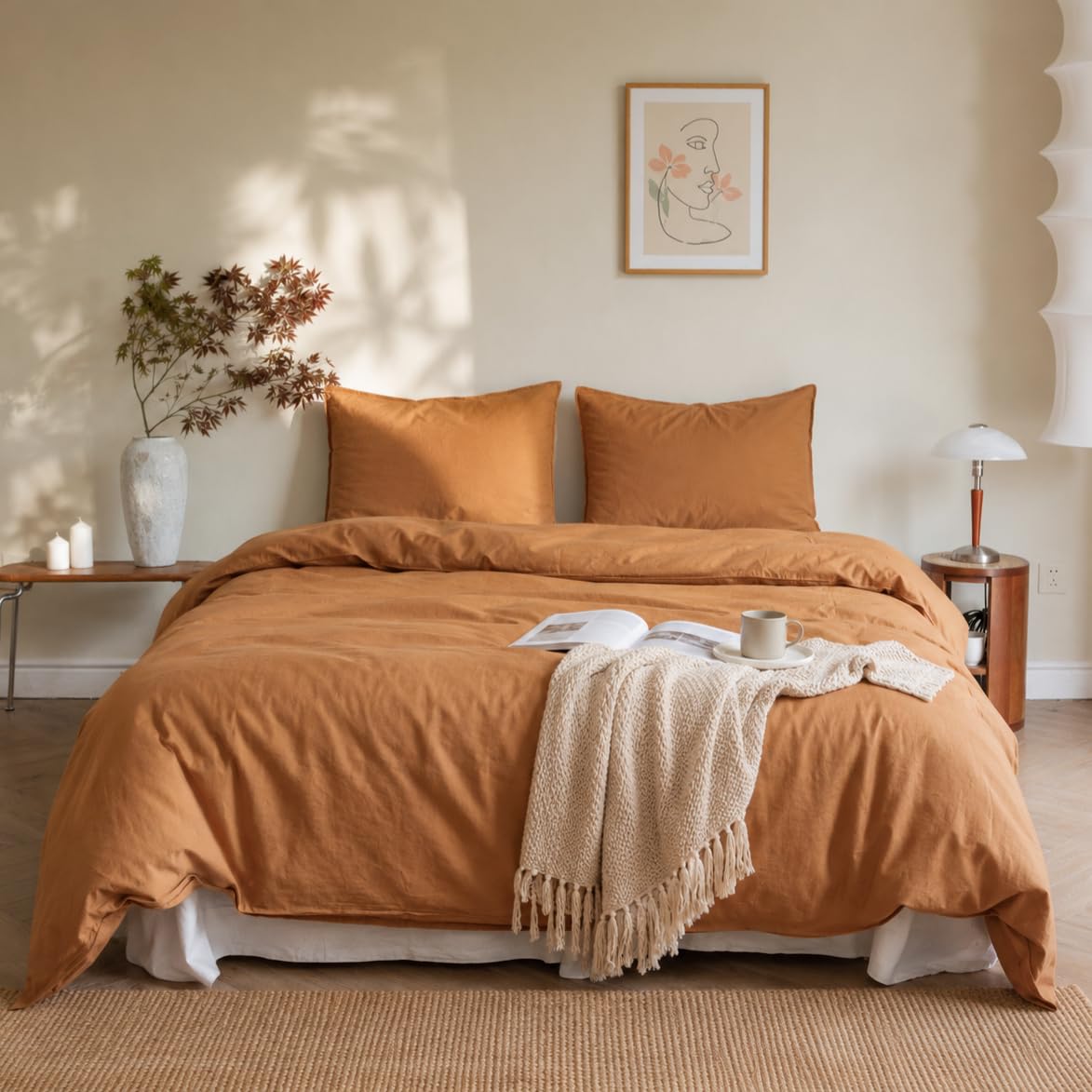 BISELINA French Linen Duvet Cover Set 3pcs with Hidden Zipper Closure Natural Flax Cotton Blend Solid Color Soft Breathable Luxury Farmhouse Bedding -Queen Size, Rust-image-9