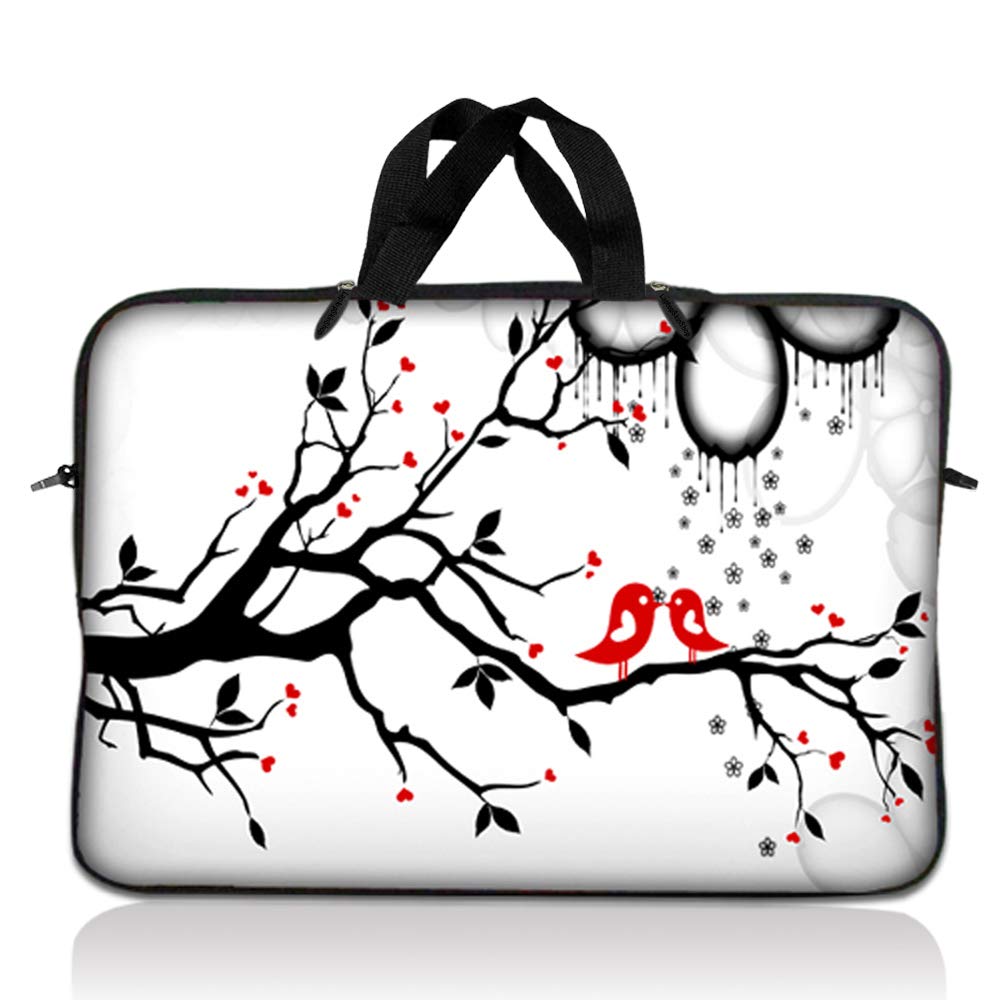 Laptop Skin Shop 15.6 inch Laptop Sleeve Bag Carrying Case Pouch with Hidden Handle Compatible with 14" 15" 15.4" 15.6" Apple MacBook, Acer, Dell, HP - Lovebirds Eyecatching Red On Black and White
