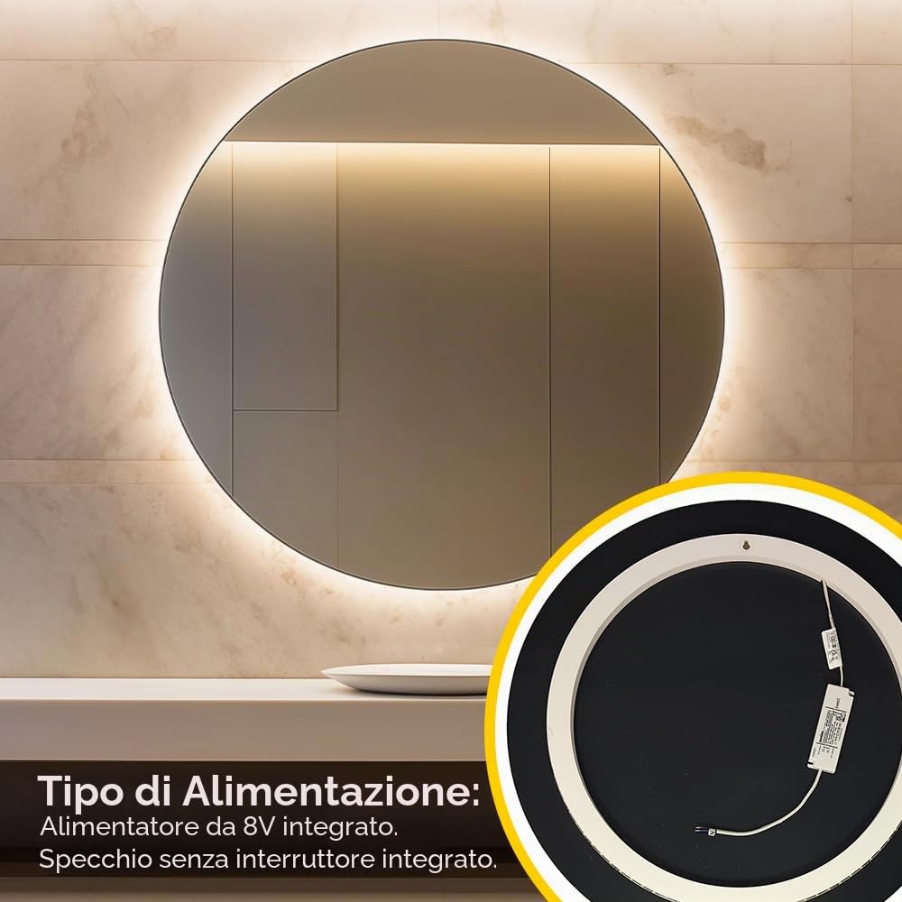 BD ART - Specchio da bagno a LED rotondo, luna, 60 cm, da parete, con illuminazione, colore bianco freddo, 4200 K, IP44