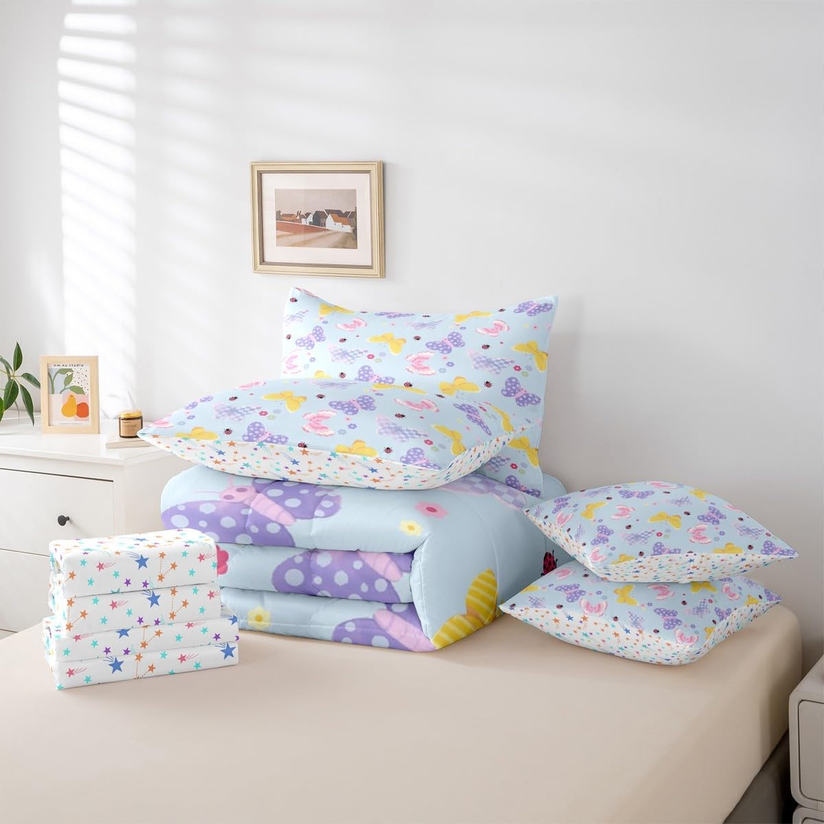 Feelyou Cartton Butterfly Queen Comforter Set with Sheets for Kids Boys Girls Checkered 7 Pieces Bedding Set Cute Floral Bed in a Bag Garden Room Decor Soft Lightweight Microfiber
