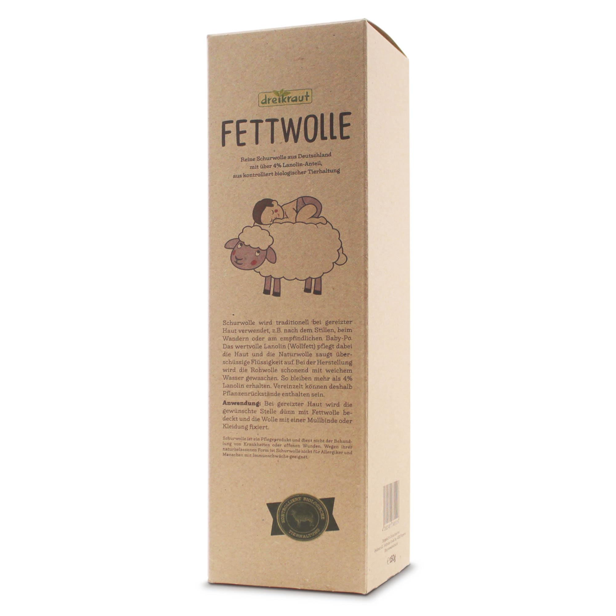 Fettwolle von dreikraut - Babypflege – mit viel Lanolin - kontrolliert biologische Tierhaltung, Schurwolle aus Deutschland, Wanderwolle, Rohwolle