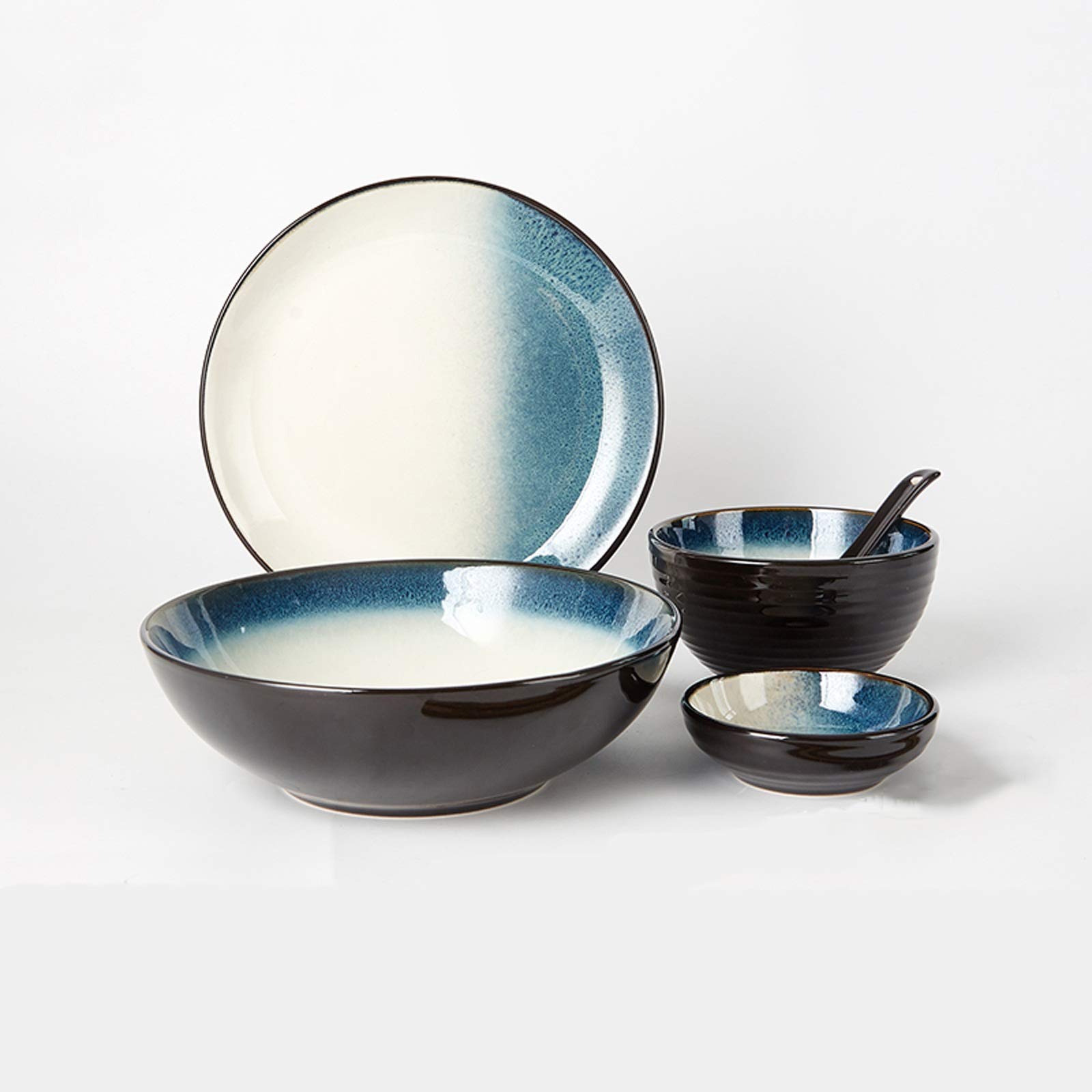Teller Haushaltsgeschirr-Set Einfaches Keramik-Essteller-Set mit 5 Stück, langlebiges Keramik-Geschirr-Set, Teller, Schüsseln, Snackteller, Löffel, Essteller, Haushaltsteller, Küchengeschirr/Farbe