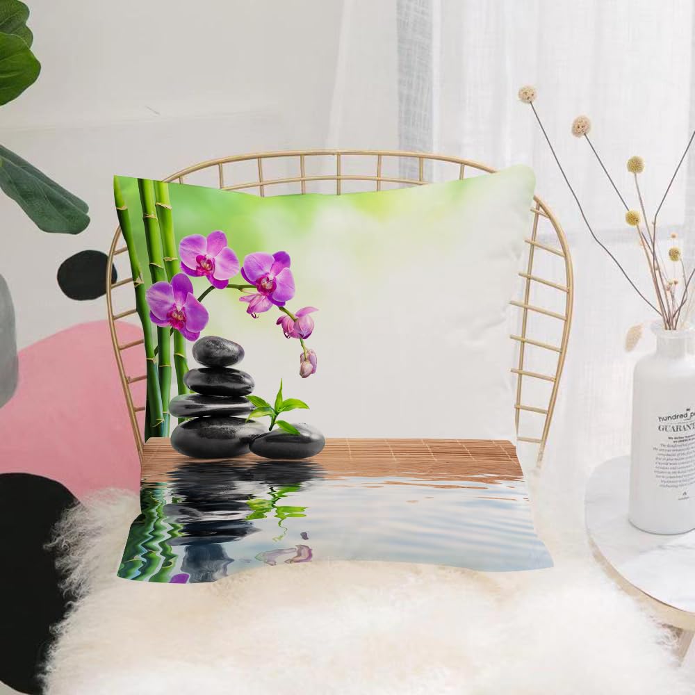 HYMSXW Cushion Cover,Throw Pillow Case Home Decorative for Living Room Bedroom Sofa Chair 20X20 Inch,With stacked stones, orchids and reflections, black pebbles, purple orchids and,Pillowcase 50X50cm