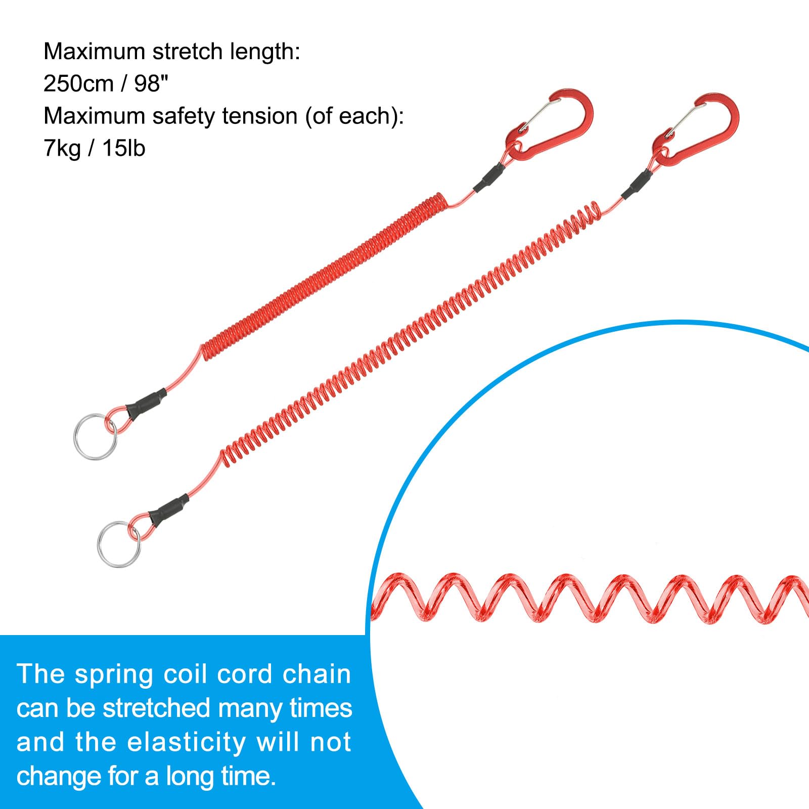 PATIKIL 3pcs Retractable Spring Coil Straps, 10" Spiral Stretchy Safety Lanyard Cord with Aluminium Clip and Key Ring for Fishing Kayak Climbing Boating Pliers, Red - Image 3
