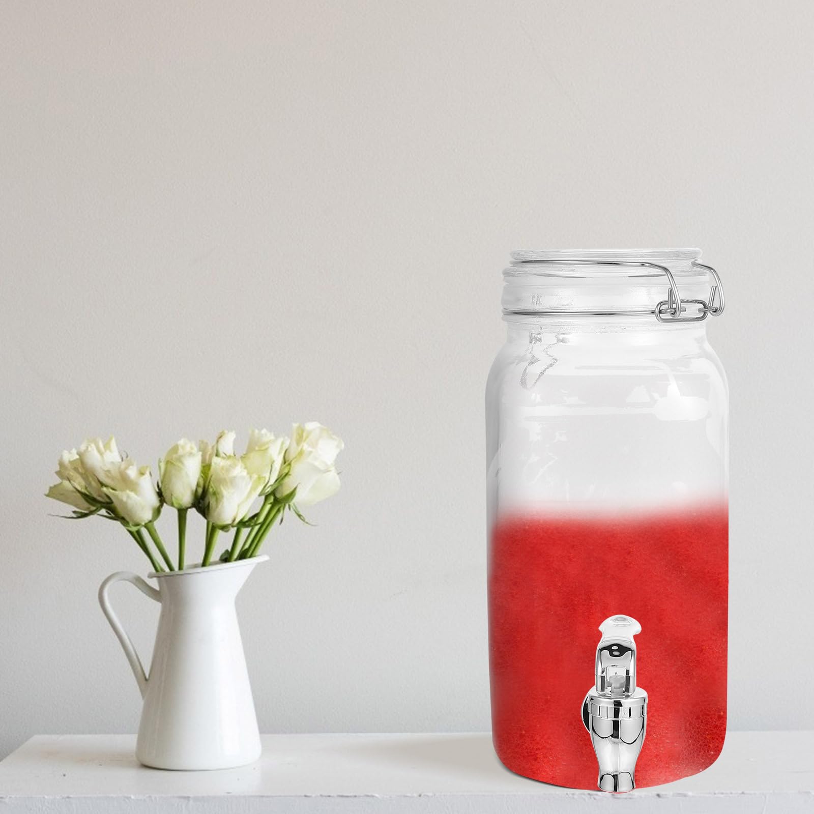 DOITOOL Glas Getränkespender 2l mit Abs Zapfhahn Luftdicht Verschlossen für Saft Wein und Hausgebrauch Feuchtigkeitsdichter Deckel für Frische Komfortable Bedienung