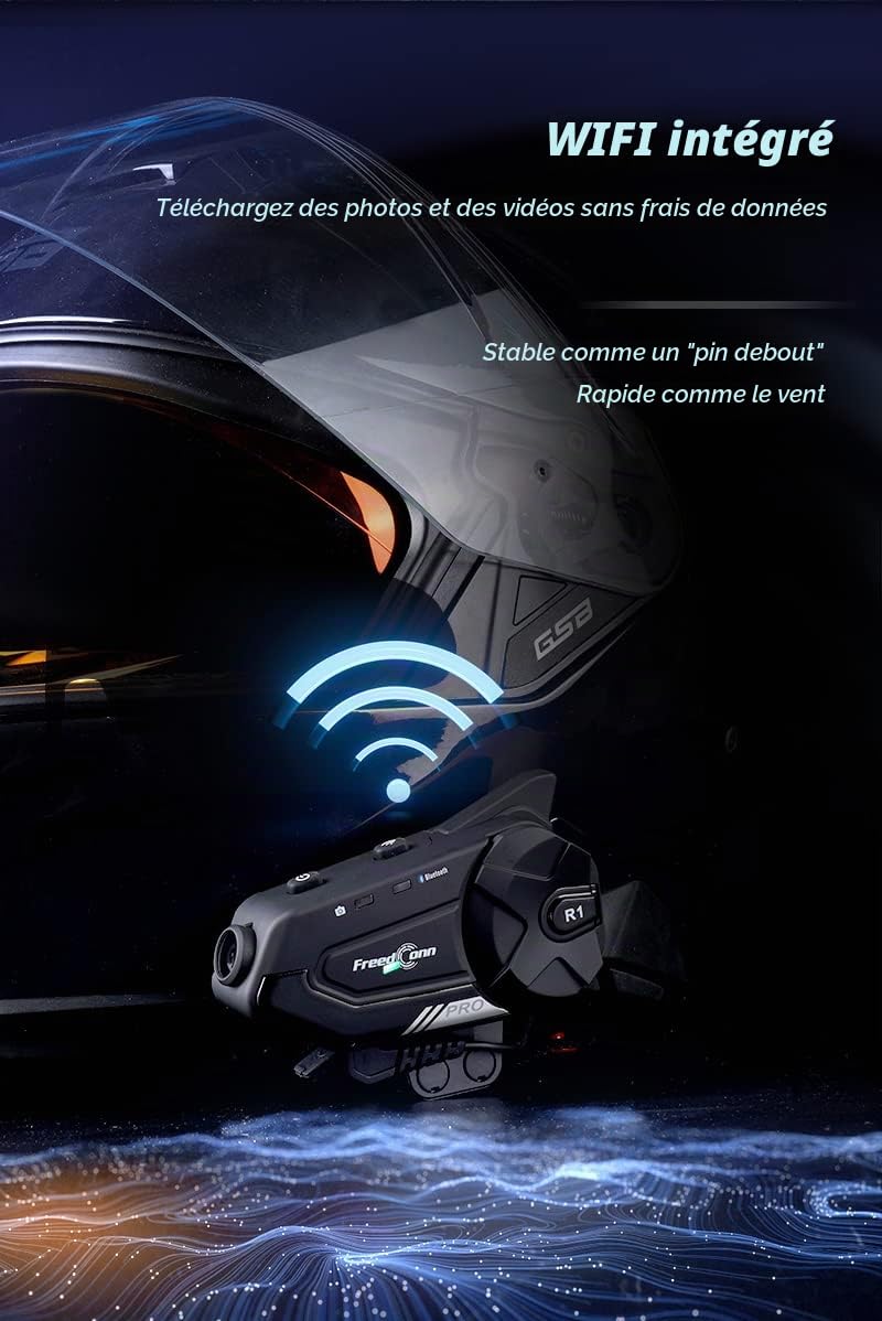 Casque de moto casque Bluetooth avec caméra,interphone FreedConn R1 Pro 6 voies 1000M,système de communication,vidéo 2K,Siri/FM/partage de musique/compatible avec d'autres marques/micro 2 en 1 (1pack)