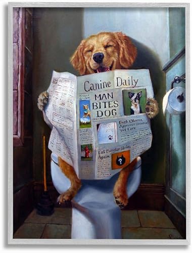 Stupell Industries Perro leyendo el periódico en el inodoro divertido pintura enmarcada Giclée arte por Lucia Heffernan, gris enmarcado 11 x 14