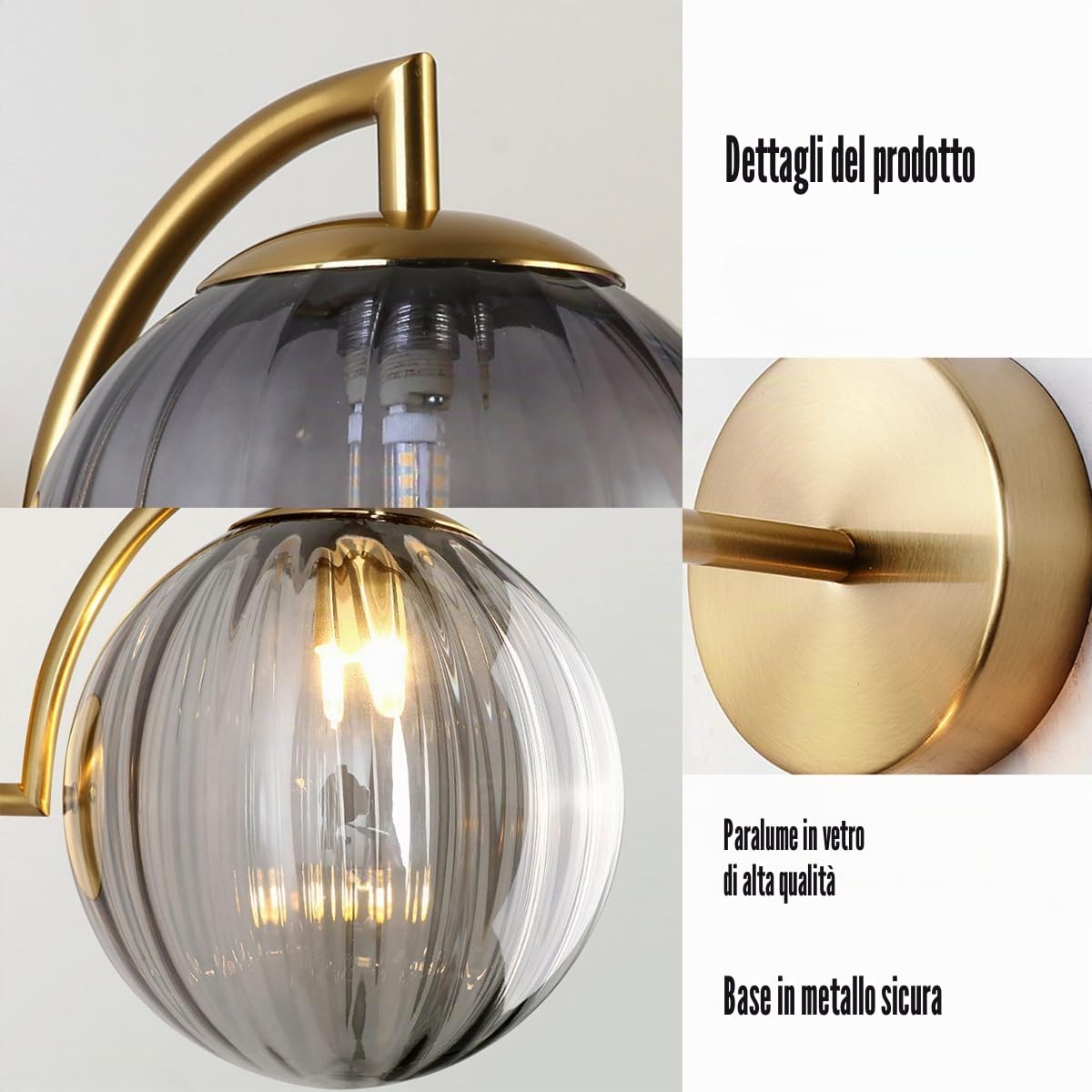 Applique con sfera in vetro Grigio da 150 mm, lampada da parete con globo in vetro con base dorata per comodino,Soggiorno,Camera da letto,Corridoio(Grigio)
