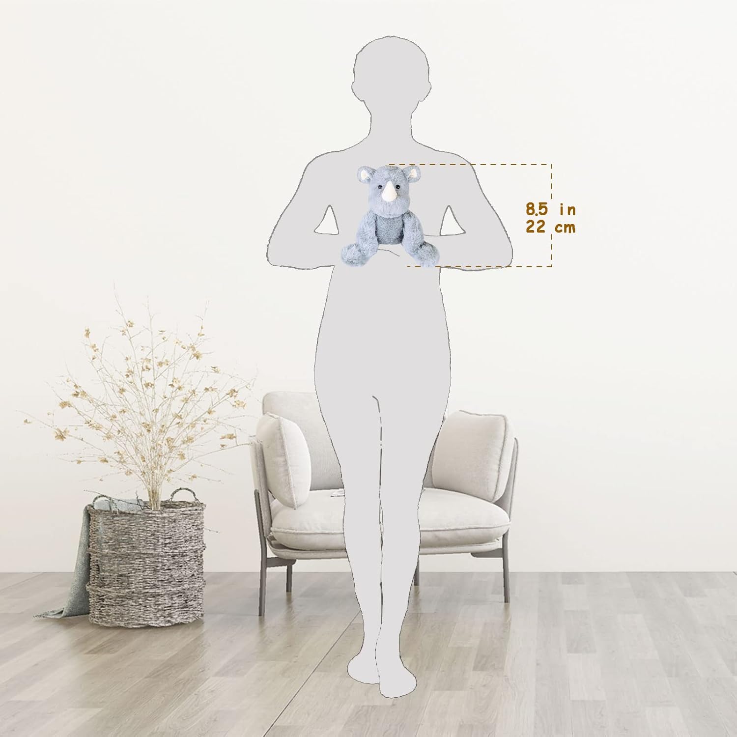 Gray Plush Rhino Stuffed Animal Toy, Soft Cuddly Plushie Hugger Toy for Boys & Girls, Gifts for Kids or Girlfriend, 8.5 Inches