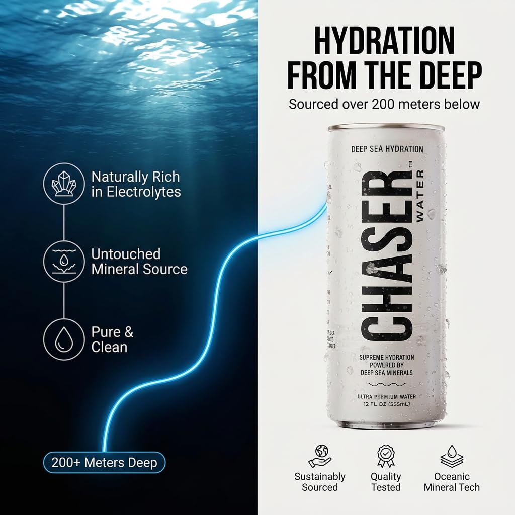 Chaser Water Deep Sea Mineral Hydration, Sugar Free Functional Water with Electrolytes and 80+ Ionic Trace Minerals, Clean Hydration, 12 Pack Recyclable Cans