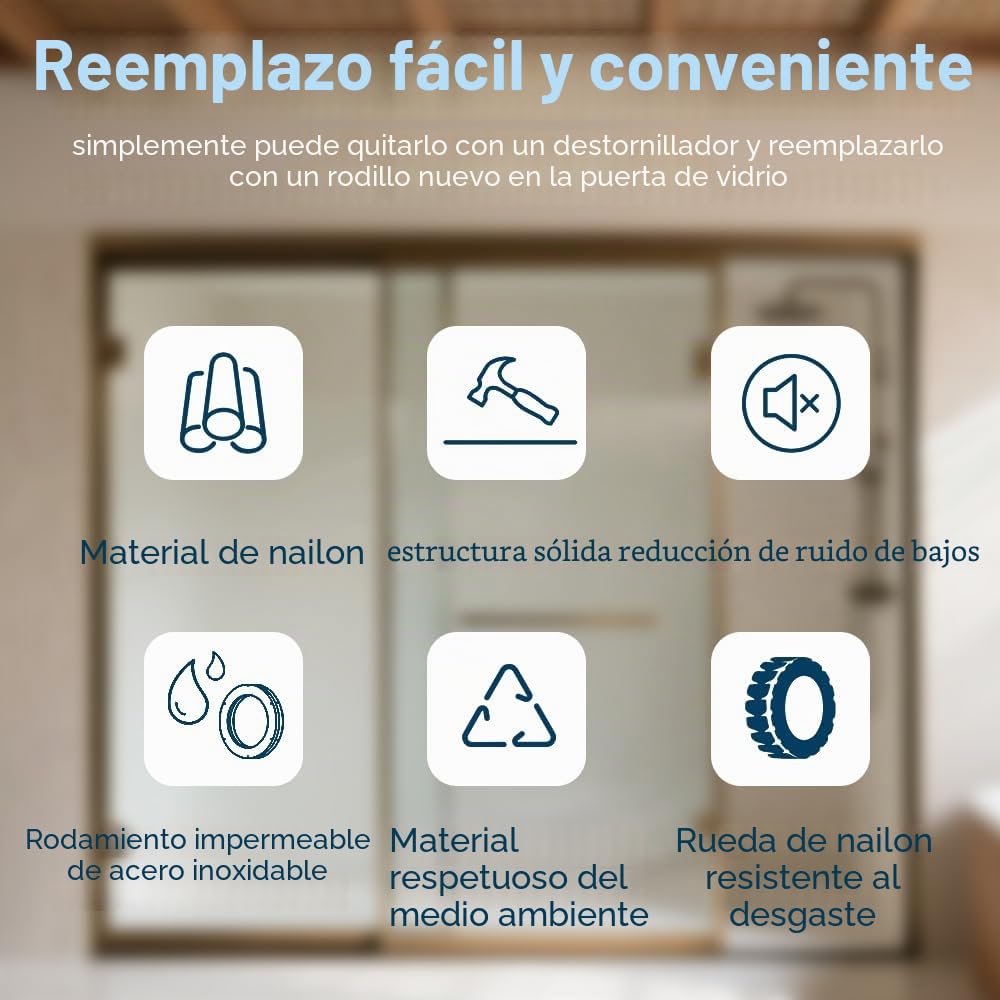 8 ruedas de repuesto para puertas de ducha, ruedas de puerta de baño de cristal adecuadas para puertas correderas de cristal de baño, ruedas de riel deslizante, capacidad de carga ultra silenciosa