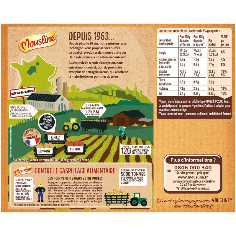 MOUSLINE Purée Crème & Noix de Muscade - Format individuel 125g - Douceur onctueuse - Saveur exquise - Idéal pour un repas rapide! - Le Lot De 4