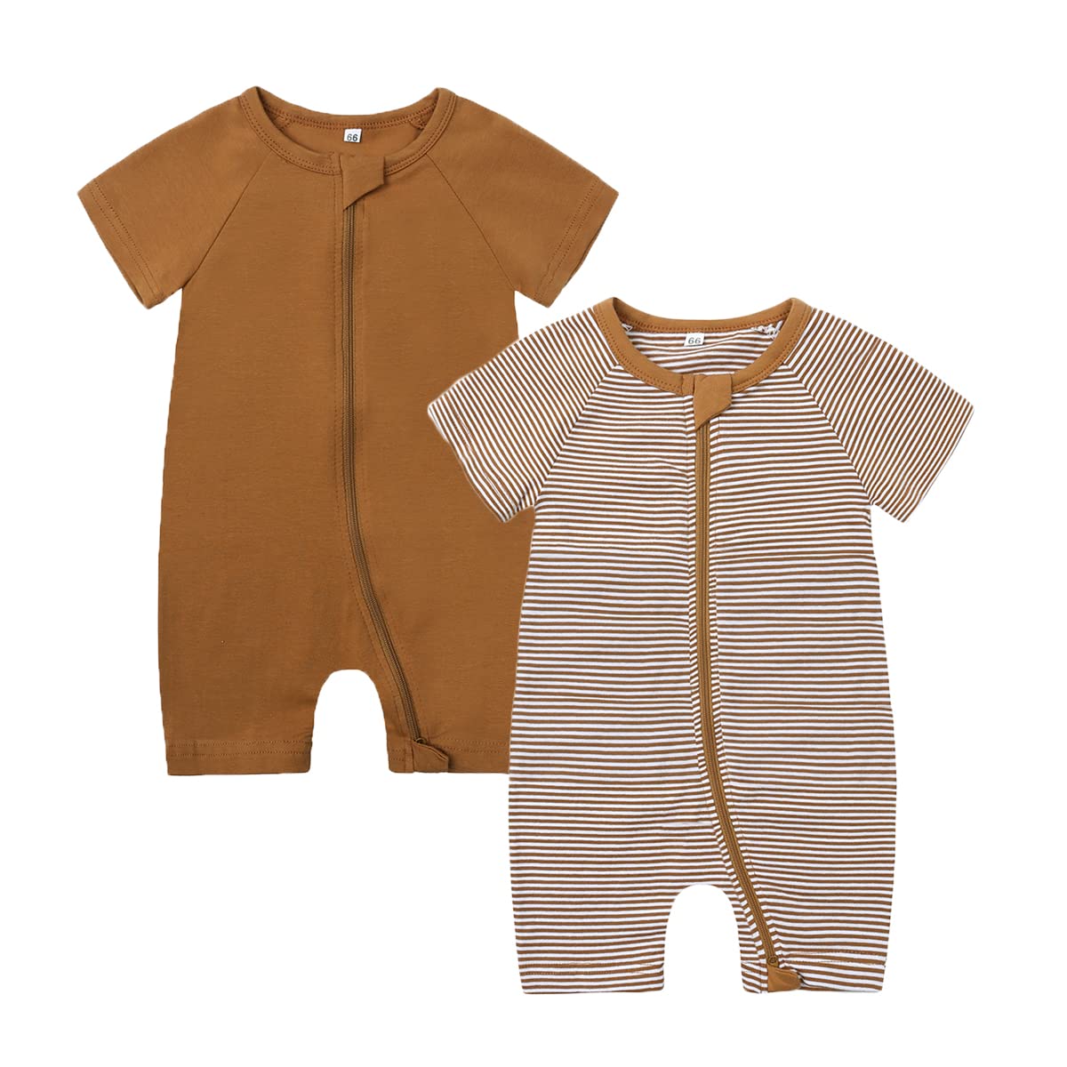 Feidoog Baby Boys 2Pack Rompers Summer Short Sleeve 2 Way Zipper One-Piece Romper Jumpsuit Sleep and Play,BrownSet,6-12M