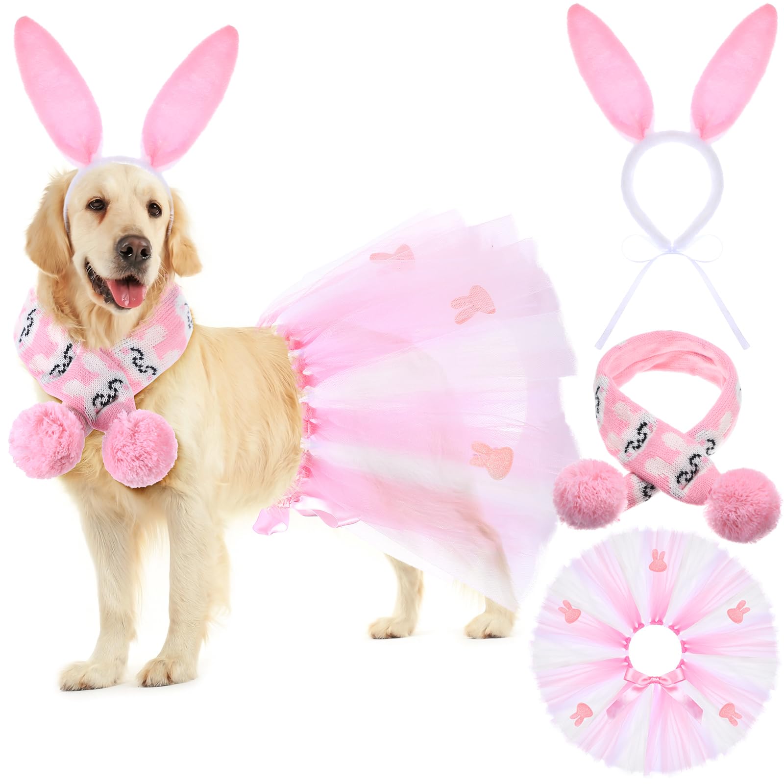 SilTriangle 3 Pieces Easter Dog Costume Set Including Easter Rabbit Ears Headband Easter Dog Tutu Dress Cute Pet Tutu Pink Easter Pet Scarf for Medium Dogs Holiday Outfit Accessory