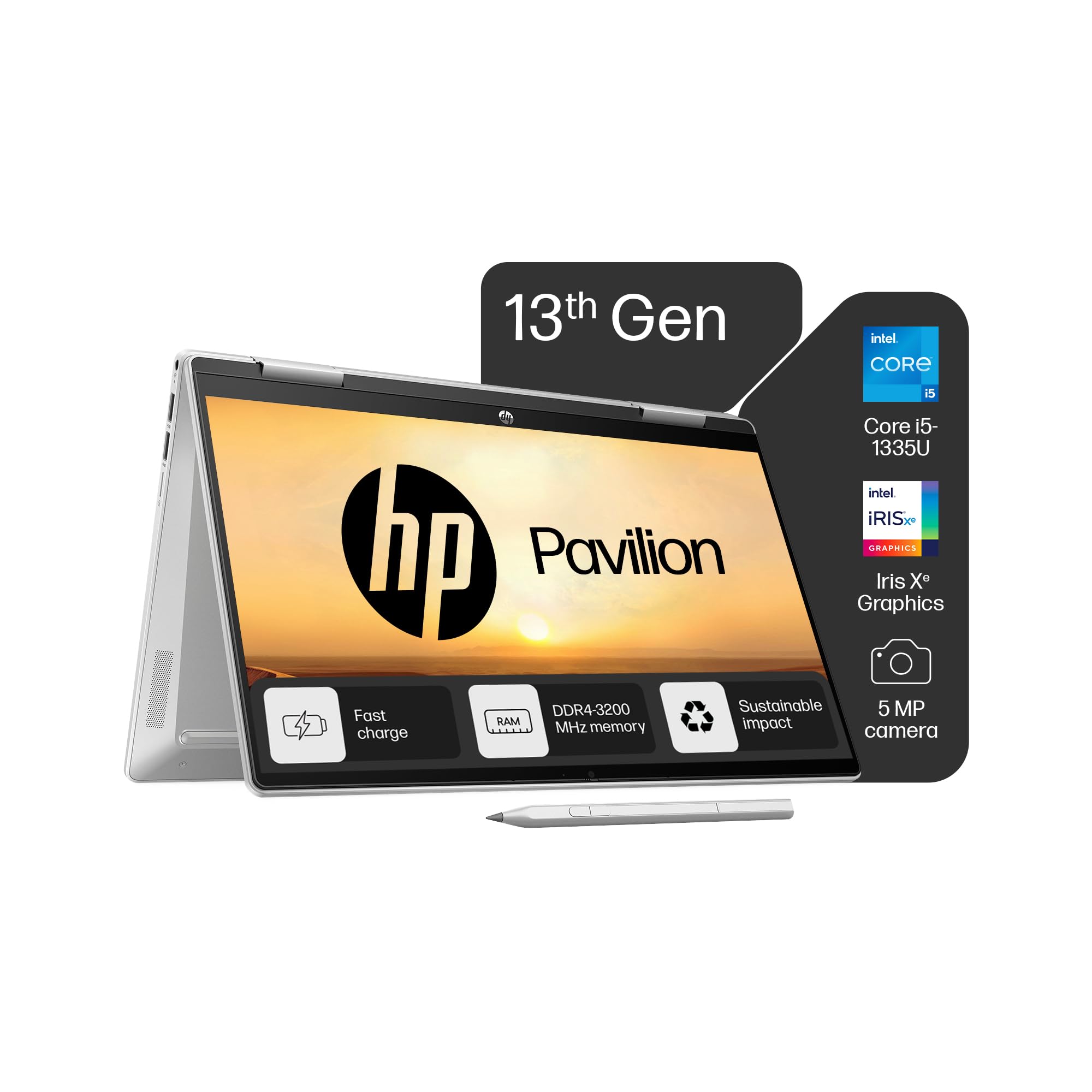 HP Pavilion x360, 13th Gen Intel Core i5-1335U (16GB DDR4, 1TB SSD) FHD, 14''/35.6 cm, Touchscreen 2-in-1, Win 11, Office 21, Silver, 1.51 kg, ek1010TU/1149tu, FPR, 5MP Camera, B&O, Backlit Laptop
