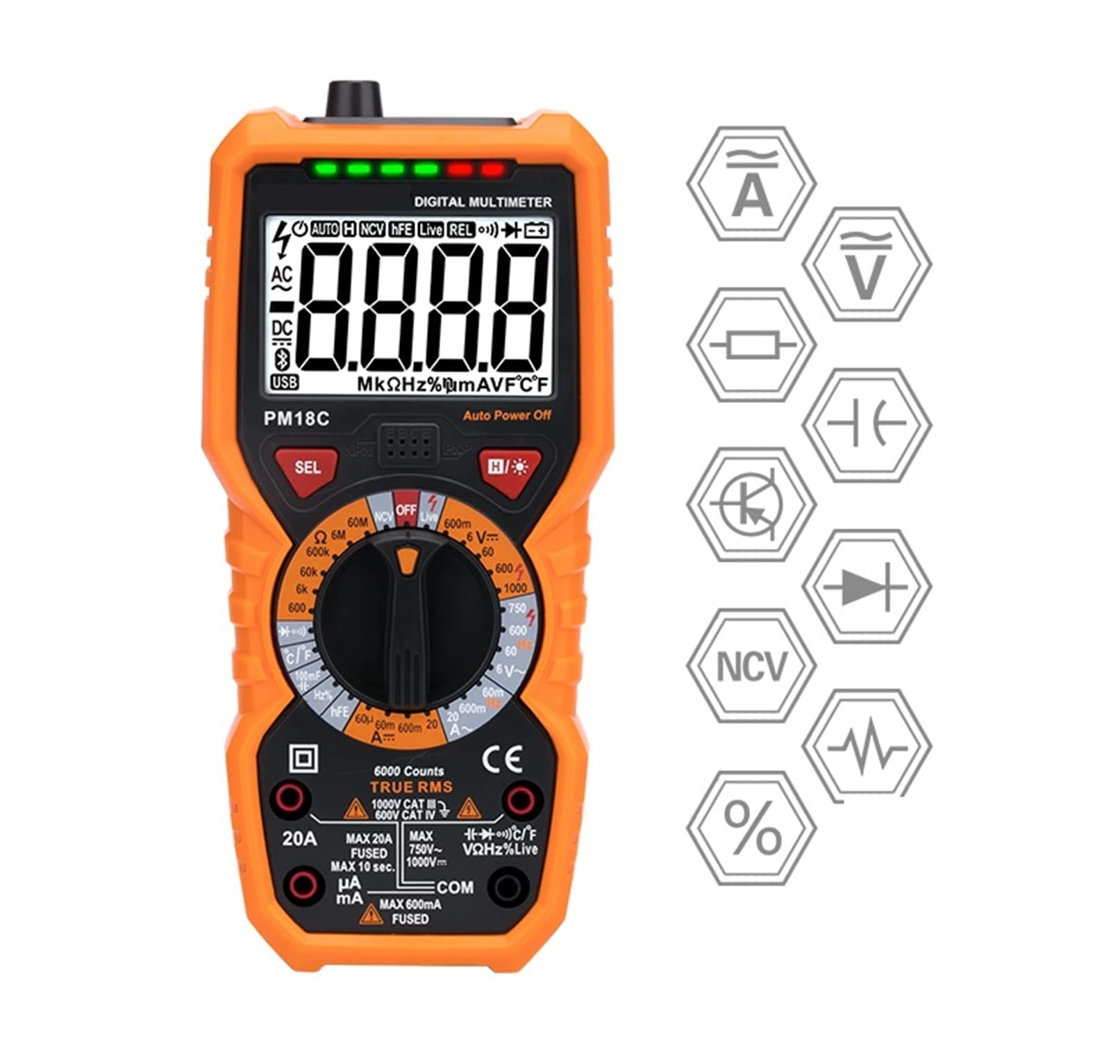 Outils de Tests Fonctionnels Portables pour la mai Multimètre numérique 6000 comptes testeur de Transistor mètre mesurant la capacité de résistance de Tension ca/CC RMS Vraie
