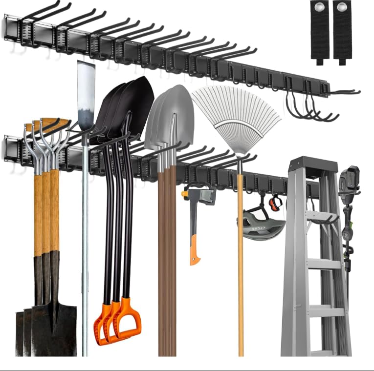 Organizador de herramientas de garaje de pared, soporte metálico para herramientas de jardín, porta herramientas de jardín, para garaje, jardín, esquís, escobas, rastrillos, 15 ganchos