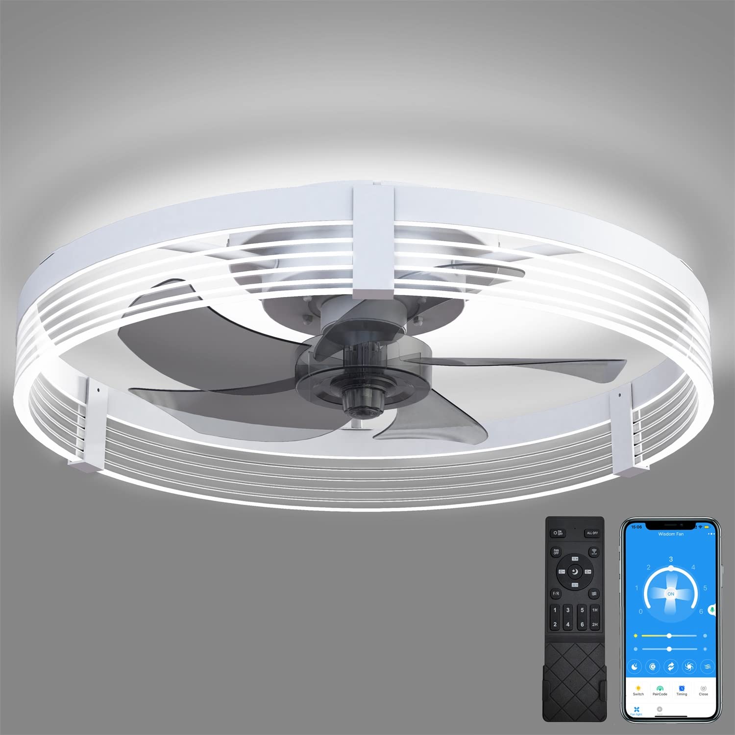 19.7" Low Profile Ceiling Fan with Lights and Remote, Modern Flush Mount LED Stepless Dimmable, Reversible Blades,6 Speeds Timing for Bedroom, Indoor Use - White